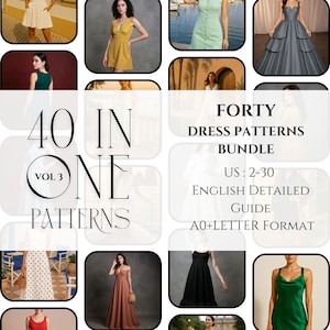 Pode incluir: Uma imagem com vários designs de vestidos. O texto central diz "FORTY DRESS PATTERNS BUNDLE" com informações de tamanho e "ENGLISH DETAILED GUIDE." Os vestidos são de cores e estilos variados, perfeitos para costureiras.