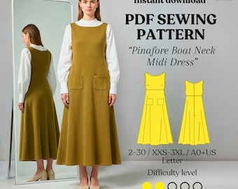Pinafore Midi Dress Sewing Pattern – Boat Neck Jumper with Pockets, DIY Workwear Layering Dress PDF, XXS-3XL