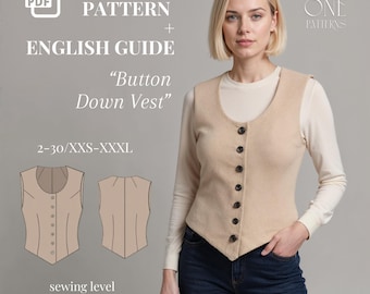 Button Down Vest Sewing Pattern PDF: Tailored Waistcoat DIY (Sizes 2-30)