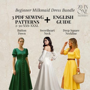 Milkmaid Dress PDF Sewing Pattern Bundle: Cottagecore Beginner Project (Sizes 2-30, XXS-3XL)
