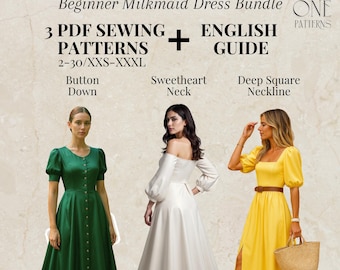 Milkmaid Dress Pattern Bundle PDF, Puff Sleeves Dress Pattern Bundle, Easy Bishop Sleeves Dress PDF,  Sizes 2-30, XXS-3XL