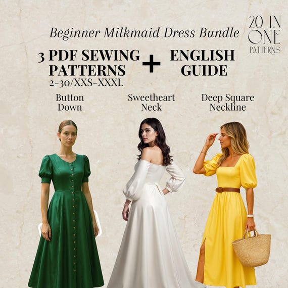 Milkmaid Dress PDF Sewing Pattern Bundle: Cottagecore Beginner Project  (Sizes 2-30, XXS-3XL)