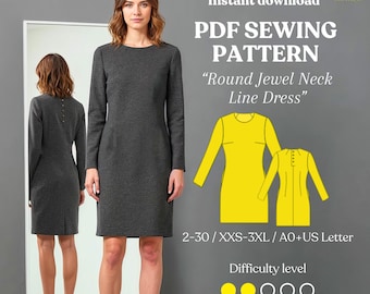 Midi-jurk met sieraad naaipatroon pdf – Klassieke aansluitende jurk met lange mouwen XXS–3XL, A0 + US Letter