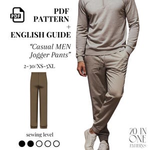 Puede incluir: Un patrón PDF digital para "Pantalones Jogger Casual" con una guía en inglés. La imagen muestra a una persona vistiendo un conjunto de jogger marrón claro a juego. El patrón incluye tallas 2-30/XS-5XL.