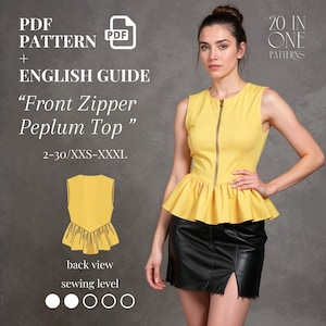 Front Zipper Peplum Top PDF Sewing Pattern – Sleeveless Ruffle Blouse for Women – Digital Beginner Pattern A0 + US Letter – Sizes US 2–30