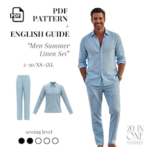 May include: A light blue linen set, including a long-sleeved button-down shirt and matching pants. The image also shows a PDF pattern with an English guide for the "Men Summer Linen Set" in sizes 2-30/XS-5XL. The sewing level is indicated by black and white circles.