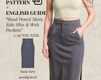 Op de afbeelding: Een donkergrijze wollen potloodrok met zijsplitten en paspelzakken. De rok wordt getoond op een persoon en ook in een achteraanzicht. De afbeelding bevat de tekst "PDF Pattern + English Guide" en "Wool Pencil Skirt; Side Slits & Welt Pockets".