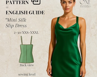 Silk Slip Dress Sewing Pattern PDF: Mini Dress with Cowl Neck (XXS-3XL)