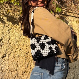 Handmade Design Beaded Cow Print Shoulder Bag – Handmade Black & White Crystal Mini Purse with Cute Moo Pattern, Unique Bag for Everyday Use