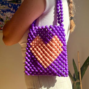Handmade Purple Bag - Purple Beaded Shoulder Bag – Heart Design with Pink Accents, Pearl Bag