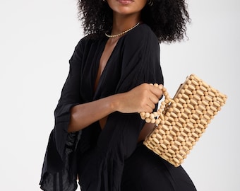 Handmade Wooden Beaded Bag: Natural Cream Purse