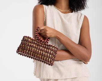 Handmade Wooden Beaded Bag: Natural Brown Purse