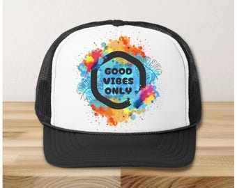Cappellino da camionista Good Vibes Only, grafica colorata a schizzi, stile festival