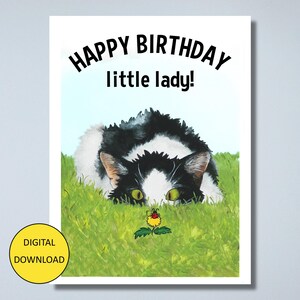 Verjaardagskaart grappige kat lieveheersbeestje – INSTANT DOWNLOAD – Afdrukbare kaart - Gefeliciteerd met je verjaardag Little Lady!