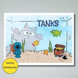 Carte de remerciement et carte postale drôles de chat et de poisson - TÉLÉCHARGEMENT IMPRIMABLE IMMÉDIAT - Tanks !
