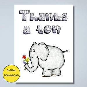 Tarjeta de agradecimiento y postal divertida con elefante: DESCARGA INSTANTÁNEA, tarjeta y postal imprimibles, ¡muchas gracias!