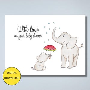 Cartão de parabéns para o chá de bebê elefante fofo - DOWNLOAD INSTANTÂNEO - Cartão para impressão - Com amor no seu chá de bebê