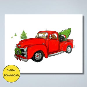 Funny Old Red Truck Dogs Christmas Card and Postcard - Printable Card and Postcard - Digital Download