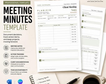Meeting Minutes Template | Construction Meeting Notes for Contractors | Professional Project Meeting Notes | Canva & Word