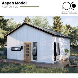 May include: A white, modern ADU (Accessory Dwelling Unit) model, the "Aspen Model", with black trim and a wooden door. The building is 6.1 metres by 6.1 metres. The image includes the Planixio logo and is set in a natural outdoor setting.