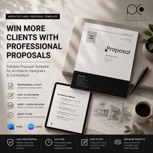 May include: An architectural proposal template featuring a document with a black and white cover, a tablet displaying a services offered page, a black pen, and a coffee mug. The text includes WIN MORE CLIENTS WITH PROFESSIONAL PROPOSALS.