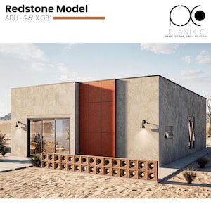 Op de afbeelding: Een modern, gelijkvloers gebouw met een plat dak, met een getextureerde grijze buitenkant en een roodbruin accentpaneel. Het gebouw is gelabeld "Redstone Model" en meet 7,9 m x 11,6 m. De afbeelding bevat het Planixio-logo.