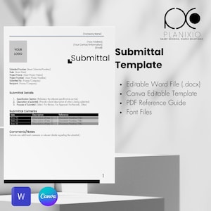 Puede incluir: Una plantilla de envío en blanco y negro con el texto "Submittal Template" en una fuente grande. La plantilla incluye secciones para los detalles del envío, el contenido del envío y los comentarios/notas. La plantilla está diseñada para ser utilizada para enviar propuestas, informes u otros documentos.