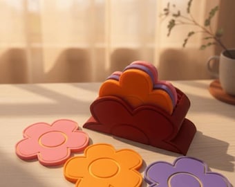 Ensemble de sous-verres floraux, sous-verres floraux imprimés en 3D, support de sous-verres marguerite rétro, cadeau de pendaison de crémaillère, sous-verres colorés, décoration d'intérieur unique