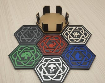 Juego de 6 posavasos MTG con soporte - Posavasos inspirados en Magic: The Gathering con símbolos de maná - Decoración de madera con nudo celta - Regalo para jugadores