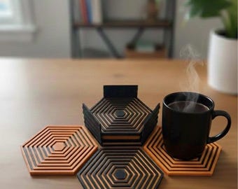 Juego de posavasos hexagonales únicos / Posavasos modernos negros y naranjas / Artículos minimalistas para la mesa de centro / Regalo elegante para inauguración de la casa