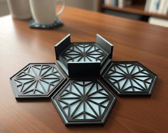 Juego de posavasos impresos en 3D / Posavasos hexagonales / Posavasos con patrón geométrico Kumiko con soporte / Decoración moderna para el hogar / Regalo de inauguración de la casa