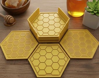 Ensemble de sous-verres en nid d'abeille imprimés en 3D avec support | Décorations d'intérieur hexagonales modernes, Jaune | Cadeau de pendaison de crémaillère | Décoration de table géométrique