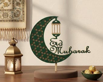 Decoración de mesa Eid Mubarak impresa en 3D: Luna creciente y farolillo. Decoración islámica moderna para el hogar, adorno de Ramadán, regalo musulmán ligero.
