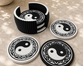 Ensemble de 6 dessous de verre Yin Yang avec support - Décoration d'intérieur moderne imprimée en 3D - Cadeau de pendaison de crémaillère - Décoration zen minimaliste