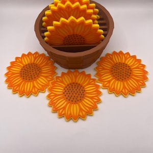 Sunflower Coaster Set with Pot Holder | Set of 6 Cute Floral Coasters | Farmhouse Kitchen Decor & Coffee Table Accessory | Housewarming Gift