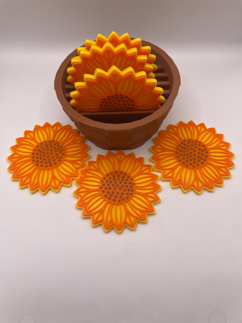 Sunflower Coaster Set with Pot Holder | Set of 6 Cute Floral Coasters | Farmhouse Kitchen Decor & Coffee Table Accessory | Housewarming Gift image 5