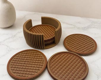 Juego de 6 posavasos modernos acanalados ondulados con soporte - Posavasos impresos en 3D para decoración del hogar - Regalo único para inauguración de casa - Serie Waveform
