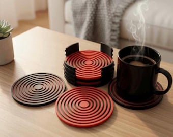 Modern Geometric Coasters 6 pc with Holder | Unique 3D Printed Housewarming Gift | Minimalist Modern Desk Decor | Drinkware Accessory