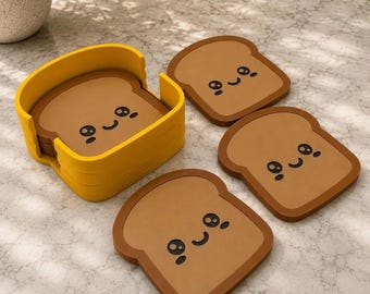 Bread Slice Coasters with Holder Set of 6 - Cute Toast Drink Coasters - Kitchen Decor - Housewarming Gift