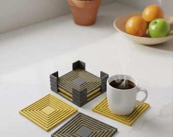 Geometric Coaster Set of 6 with Holder | Modern Yellow Gray 3D Printed Drink Coasters | Unique Minimalist Home Gift