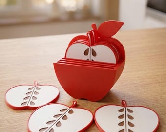 Juego de 6 posavasos con forma de manzana y soporte - Impresión 3D, decoración de manzana roja - Regalo para el aula - Accesorio de escritorio - Posavasos - Agradecimiento a los profesores