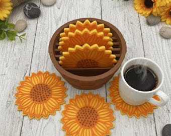 Juego de posavasos de girasol con agarradera / Juego de 6 posavasos florales bonitos / Decoración de cocina rústica y accesorio para la mesa de centro / Regalo de inauguración de la casa