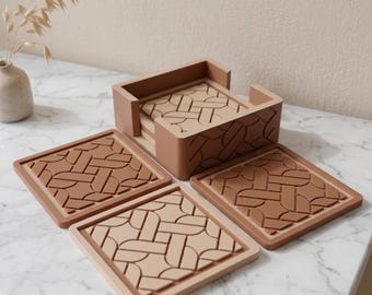 Ensemble de sous-verres géométriques modernes imprimés en 3D avec support, décoration d'intérieur neutre, ensemble de 6 sous-verres carrés, cadeau unique, vaisselle minimaliste