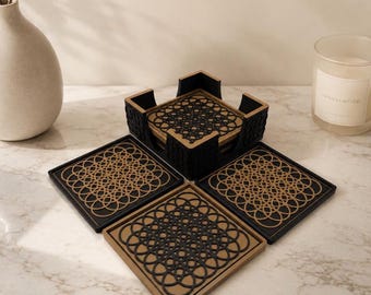 Ensemble de sous-verres géométriques imprimés en 3D avec support | Décoration de bureau minimaliste moderne | Cadeau de pendaison de crémaillère unique | Dessous de verre Art déco
