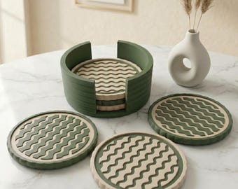 Juego de 6 posavasos modernos ondulados con soporte - Posavasos impresos en 3D para decoración del hogar - Regalo único para inauguración de casa - Serie Waveform