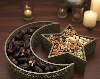 Plateau Ramadan lune et étoile imprimé en 3D, décoration de table géométrique de l'Aïd islamique, cadeau Ramadan Moubarak, plat croissant de lune, centre de table de l'Iftar