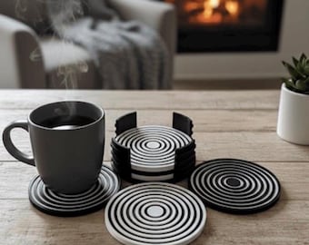Sous-verres géométriques 6 pièces avec support | Cadeau de pendaison de crémaillère imprimé en 3D | Décoration de bureau moderne minimaliste | Accessoire pour verres