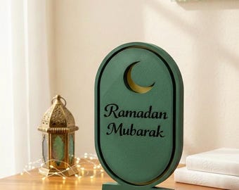 Letrero moderno de Ramadán Mubarak - Decoración de mesa islámica impresa en 3D - Adorno minimalista de luna de Ramadán - Regalo de decoración musulmana para el hogar