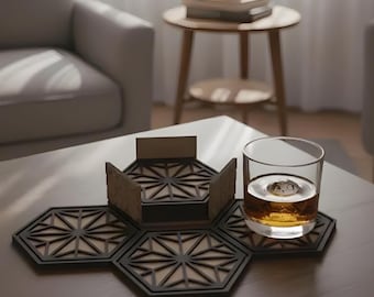 Ensemble de sous-verres Kumiko imprimés en 3D | sous-plats géométriques hexagonaux | Décoration d'intérieur de style japonais | 6 sous-verres avec support