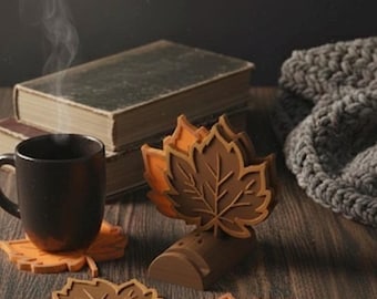 Ensemble de sous-bocks feuille d'érable avec support, sous-bocks déco automne, accessoire de table automne, sous-bocks marron et orange, cadeau de pendaison de crémaillère